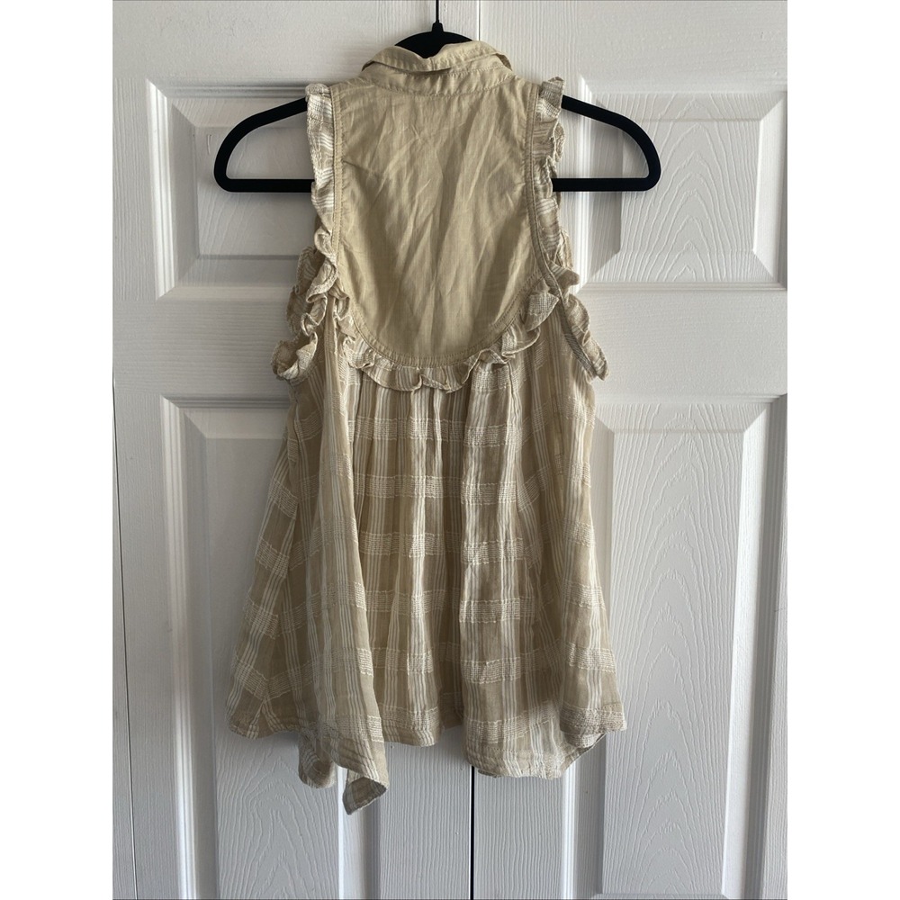 Pilcro Sleeveless Babydoll Blouse Womens Size XS Tan Plaid Ruffle Cotton Boho - Picture 6 of 7